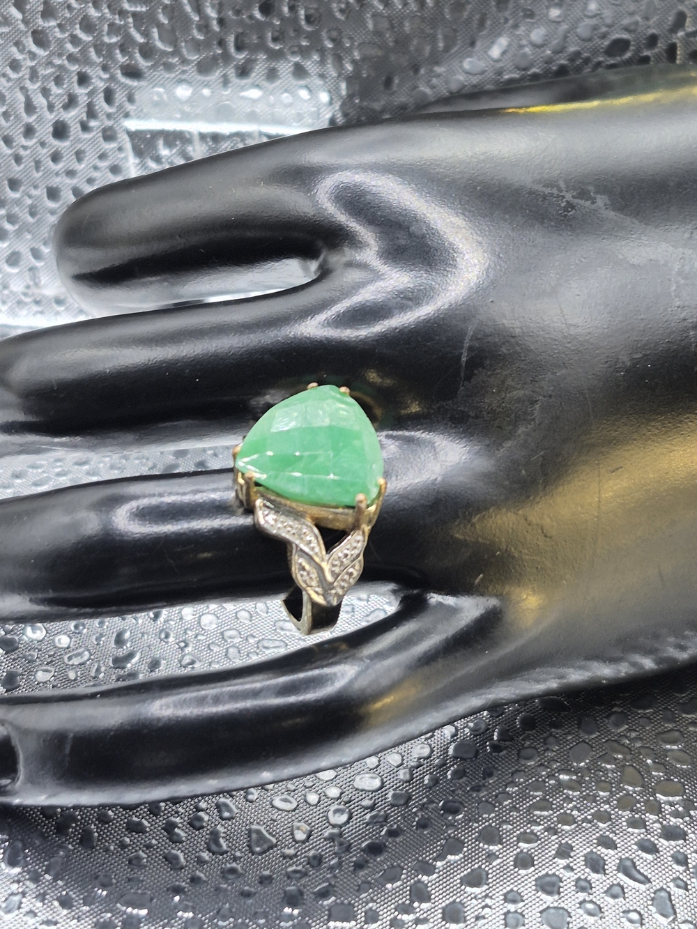 Beautiful Trillion Cut Emerald And Diamond Accent Ring